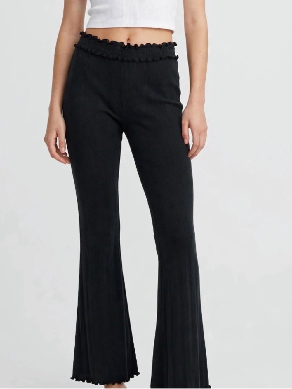 Black Pointelle Ribbed Smocked Flare Pan